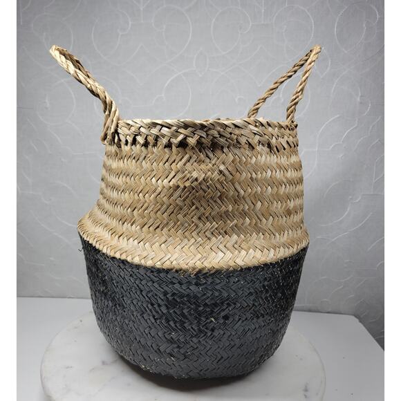Seagrass Belly Basket 12" Tan Black Woven Wicker Home Storage Handles Lined New - Picture 16 of 16